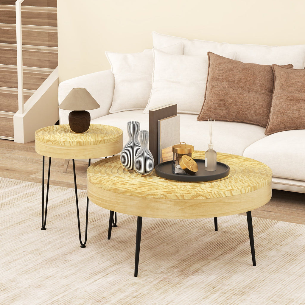 Set of 2 Solid Wood Farmhouse Round Coffee Tables-Natural