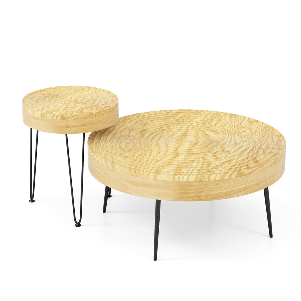 Set of 2 Solid Wood Farmhouse Round Coffee Tables-Natural