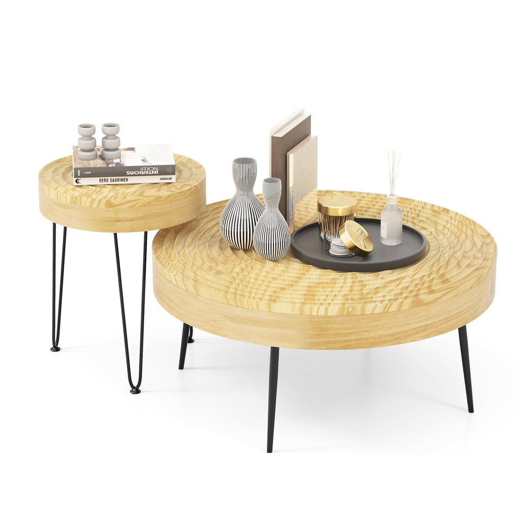 Set of 2 Solid Wood Farmhouse Round Coffee Tables-Natural