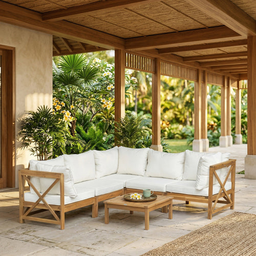 Acacia Wood Outdoor Sectional Set — Natural & Cream