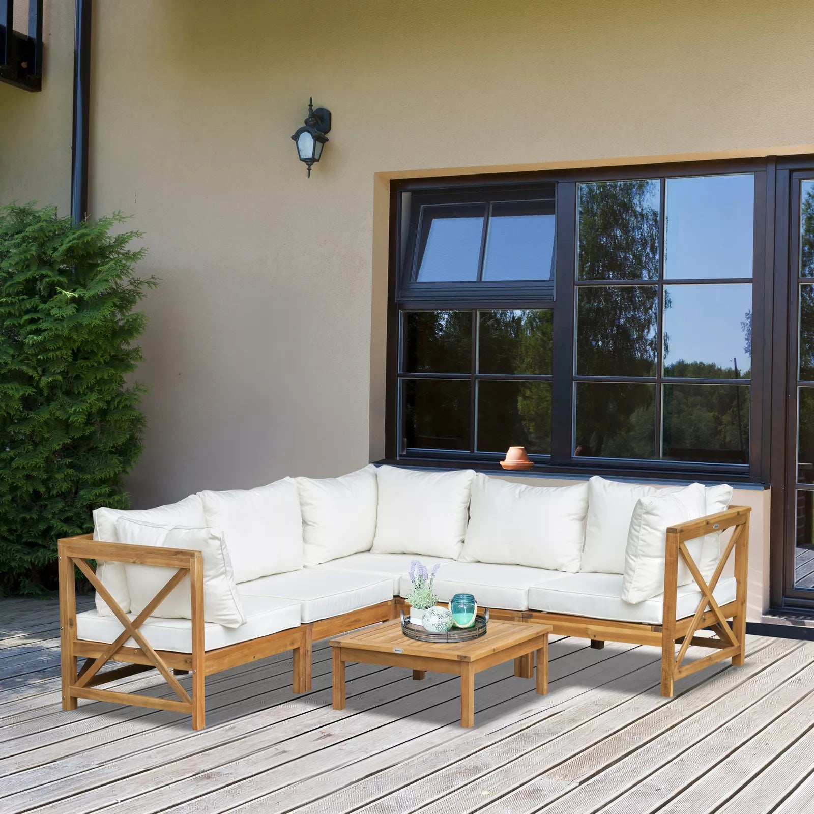 Acacia Wood Outdoor Sectional Set — Natural & Cream
